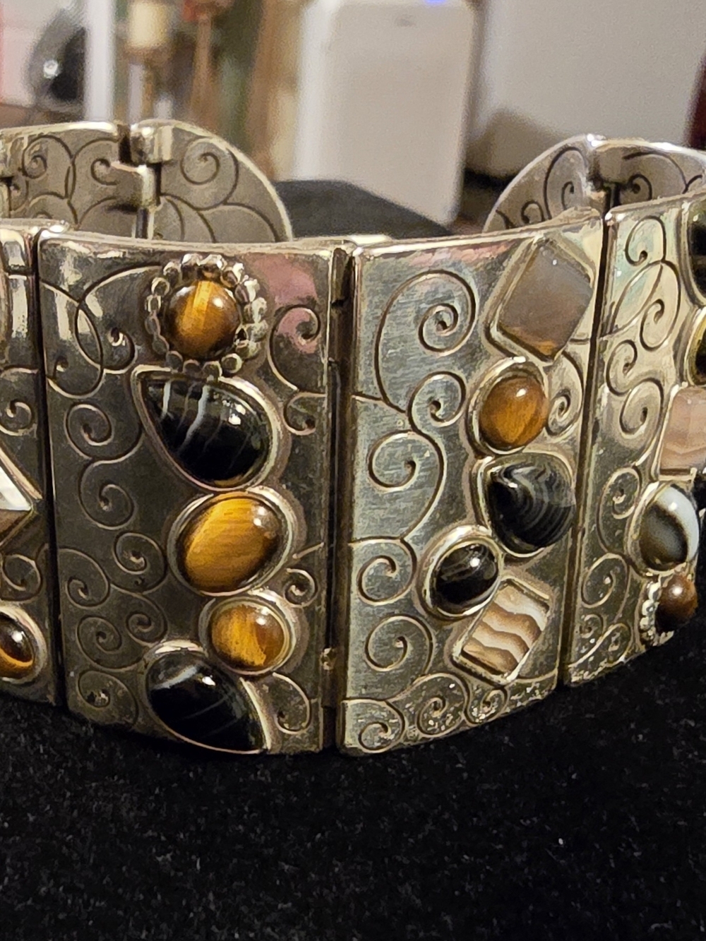 Brighton RETIRED VINTAGE Silver-Tone Bracelet with Tiger's Eye & Banded Agate